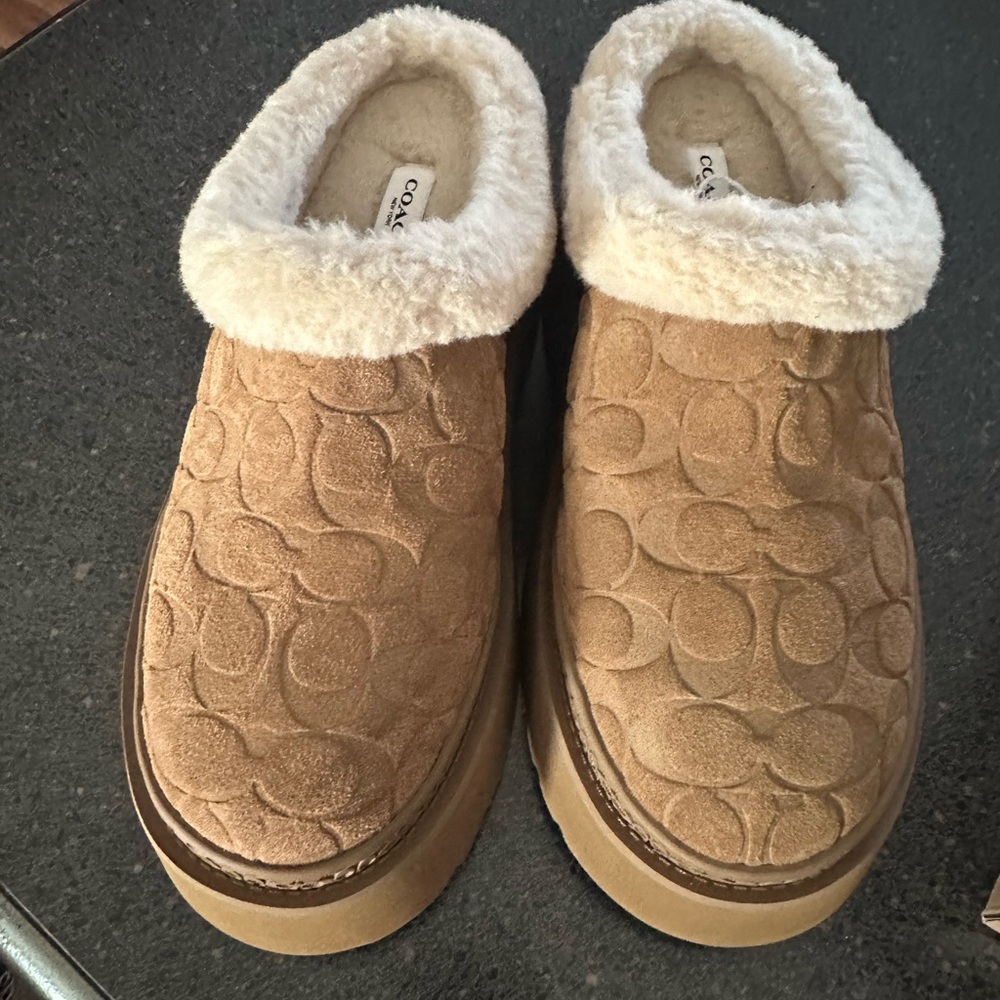 Coach Beige Suede Clogs with Plush Lining